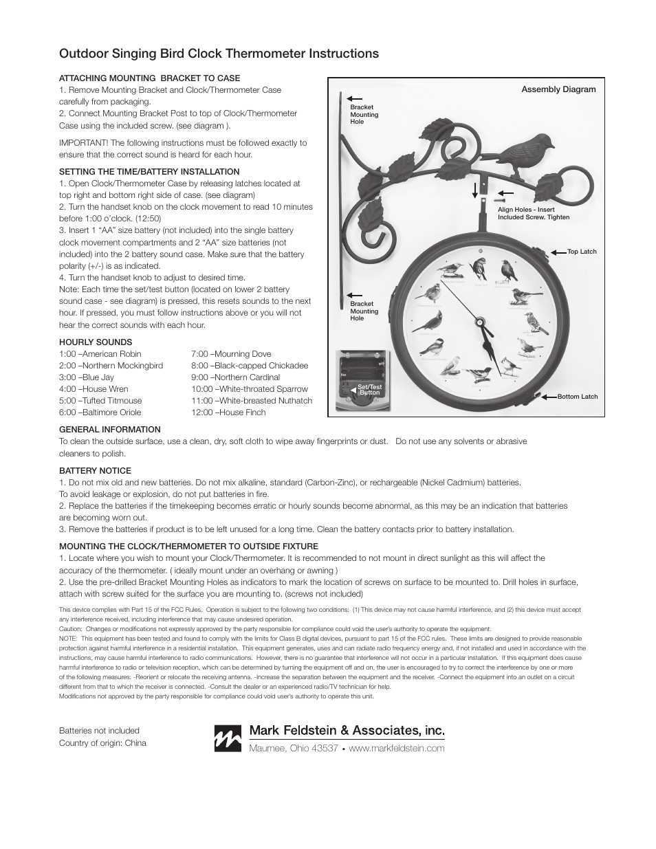 Mark Feldstein & Associates Outdoor Singing Bird Clock Thermometer User Manual | 1 page