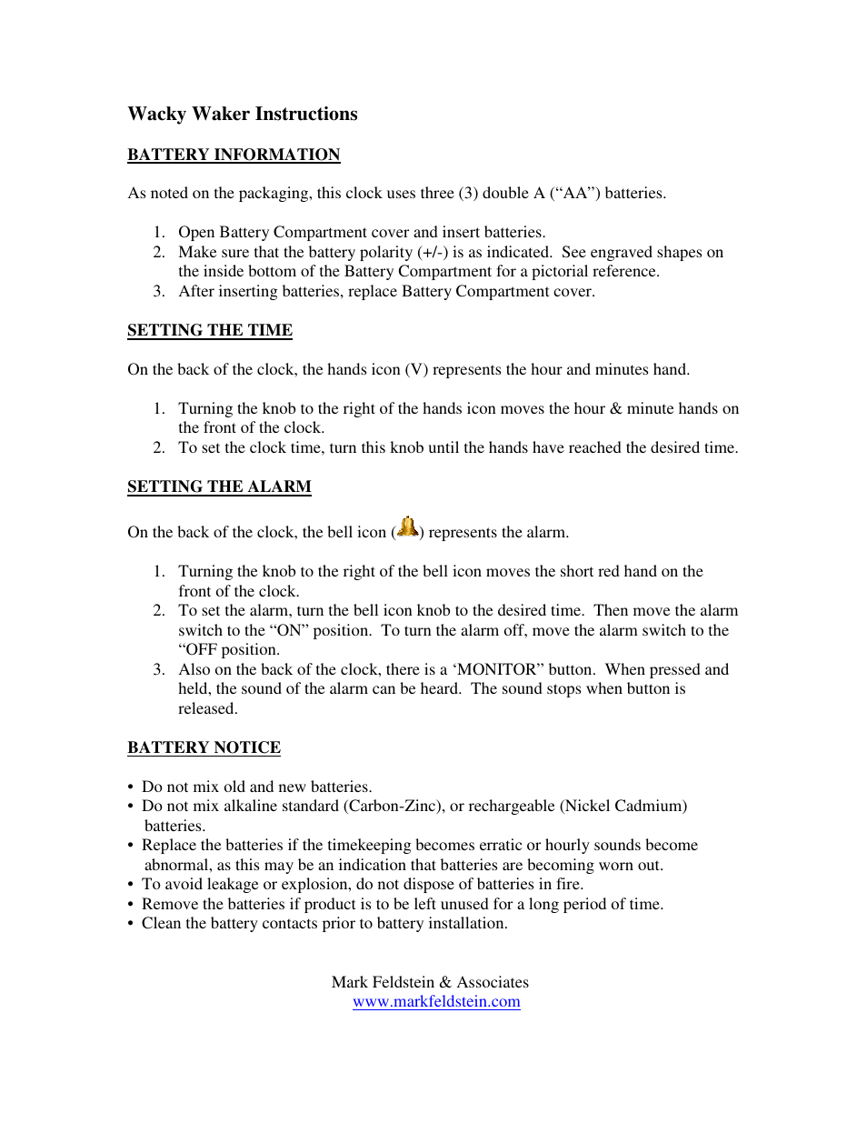 Mark Feldstein & Associates Wacky Waker Alarm Clocks User Manual | 1 page
