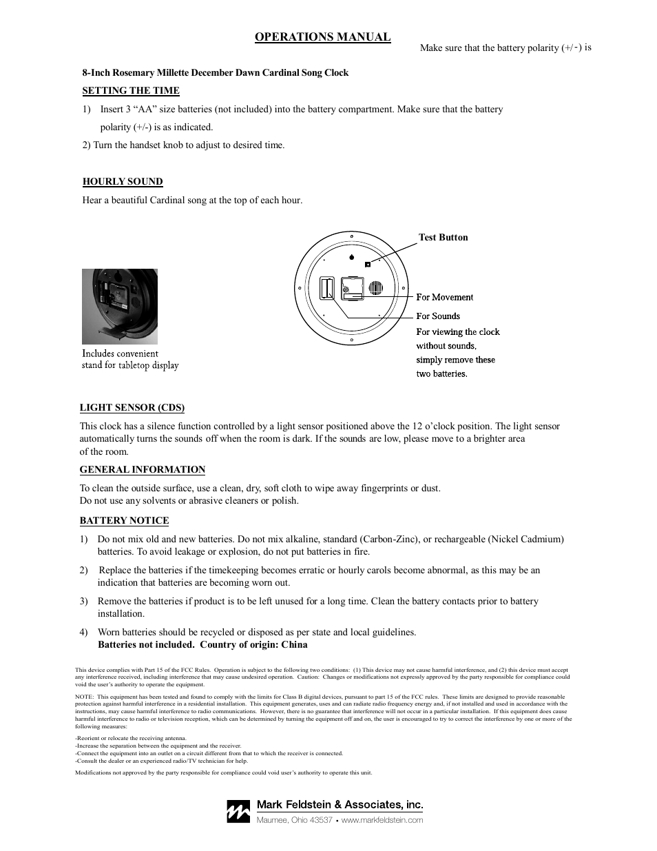 Mark Feldstein & Associates Rosemary Millette December Dawn Cardinal Sound Clock with Cardinal Sounds 8IN User Manual | 1 page