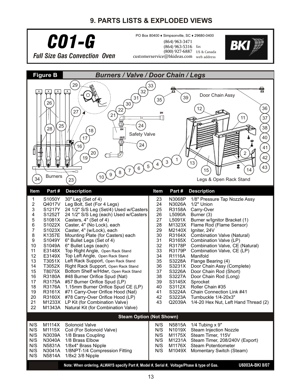 Co1-g, Full size gas convection oven, Burners / valve / door chain / legs | Parts lists & exploded views, Figure b | Bakers Pride CO1-G User Manual | Page 13 / 16