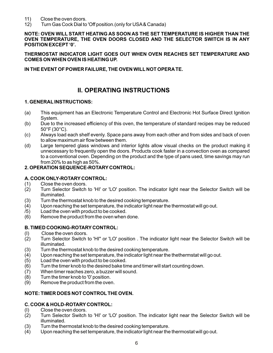 Ii. operating instructions | Bakers Pride CO1-G User Manual | Page 6 / 16