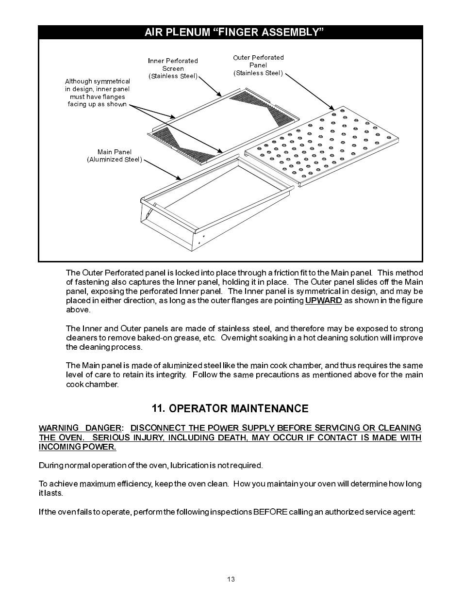 Operator maintenance, Air plenum finger assembly | Bakers Pride VH1828E User Manual | Page 13 / 48