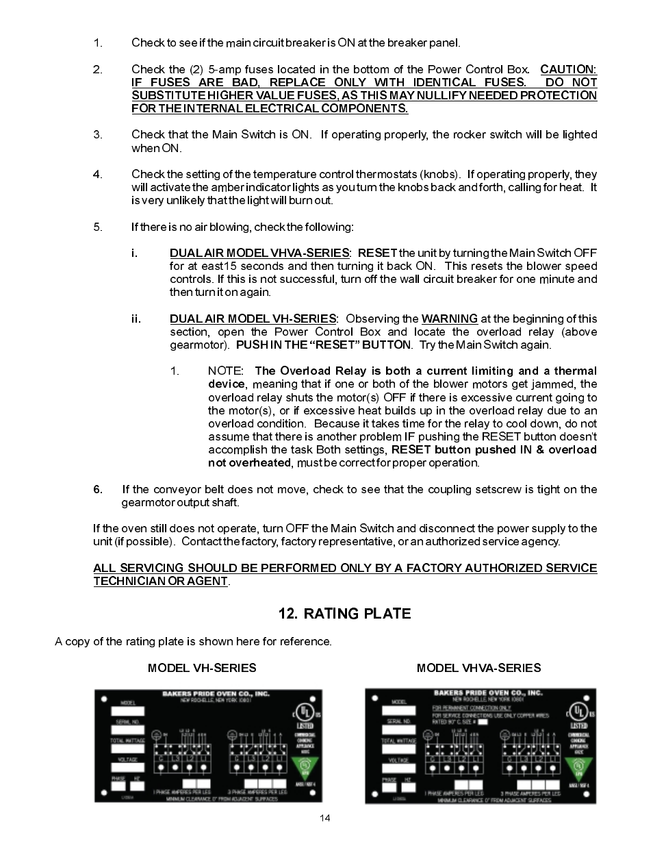 Rating plate | Bakers Pride VH1828E User Manual | Page 14 / 48