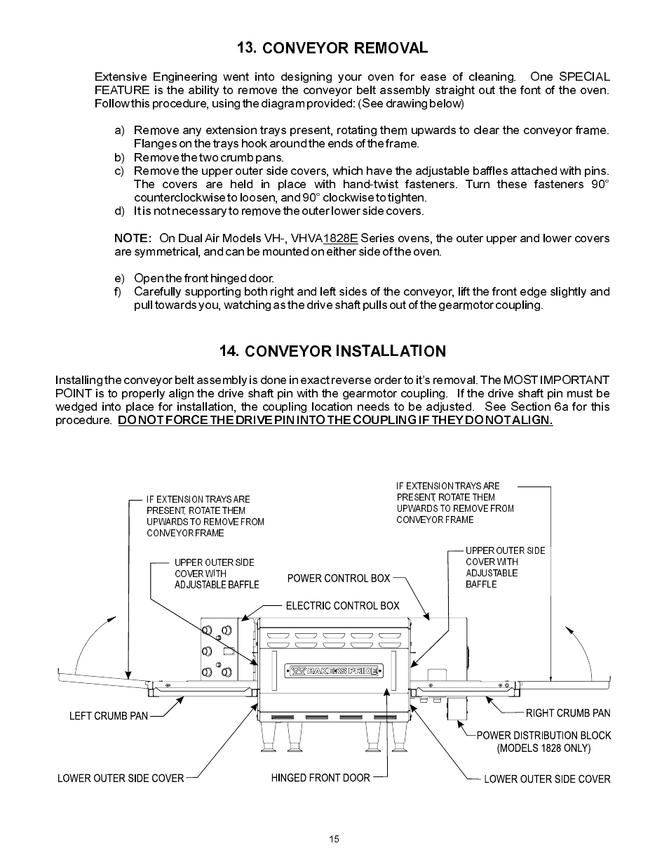 Conveyor removal 14. conveyor installation | Bakers Pride VH1828E User Manual | Page 15 / 48