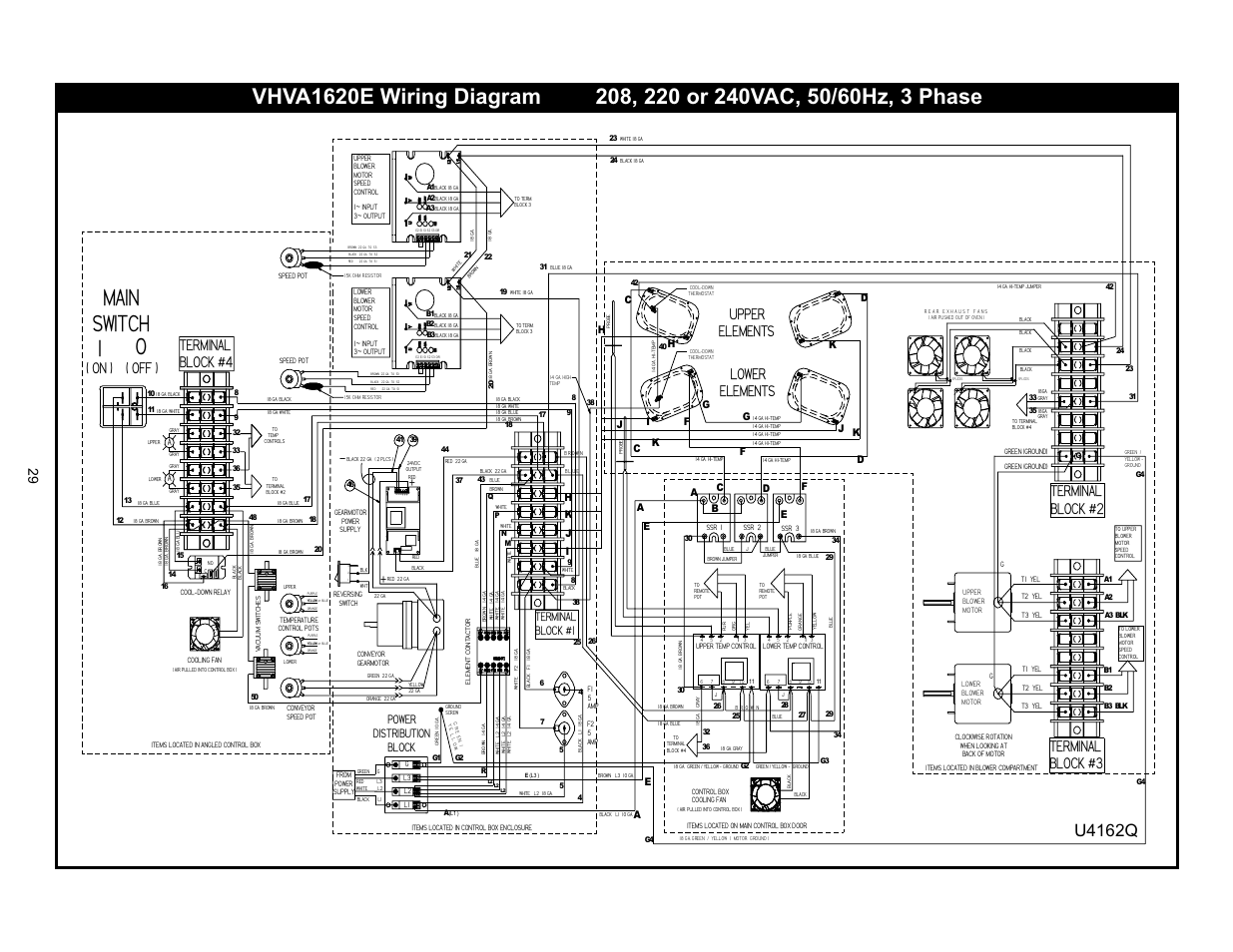 L o main switch, Upper elements lower elements, Terminal block #2 terminal block #3 | On ) ( off ), Terminal block #4, U4162q, Power distribution block, Terminal block #1 | Bakers Pride VH1828E User Manual | Page 29 / 48