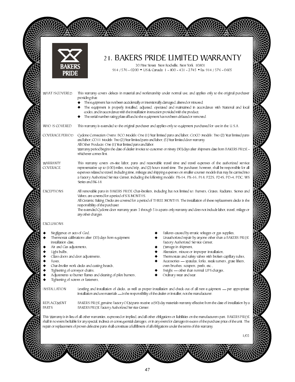 Bakers pride limited warranty | Bakers Pride VH1828E User Manual | Page 47 / 48