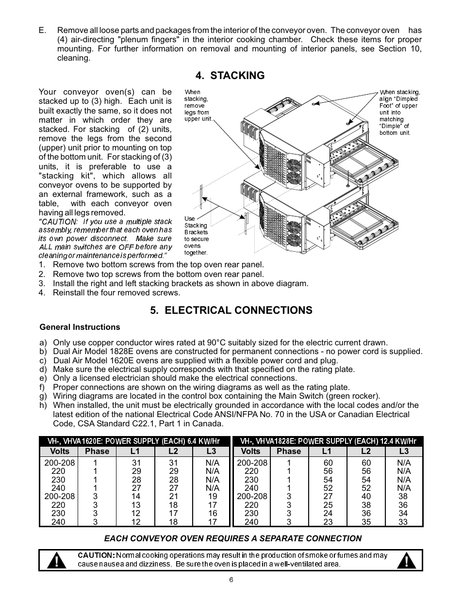Stacking 5. electrical connections | Bakers Pride VH1828E User Manual | Page 6 / 48