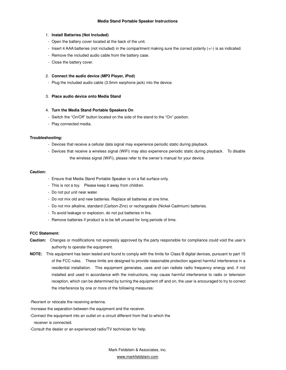 Mark Feldstein & Associates Media Stand User Manual | 1 page