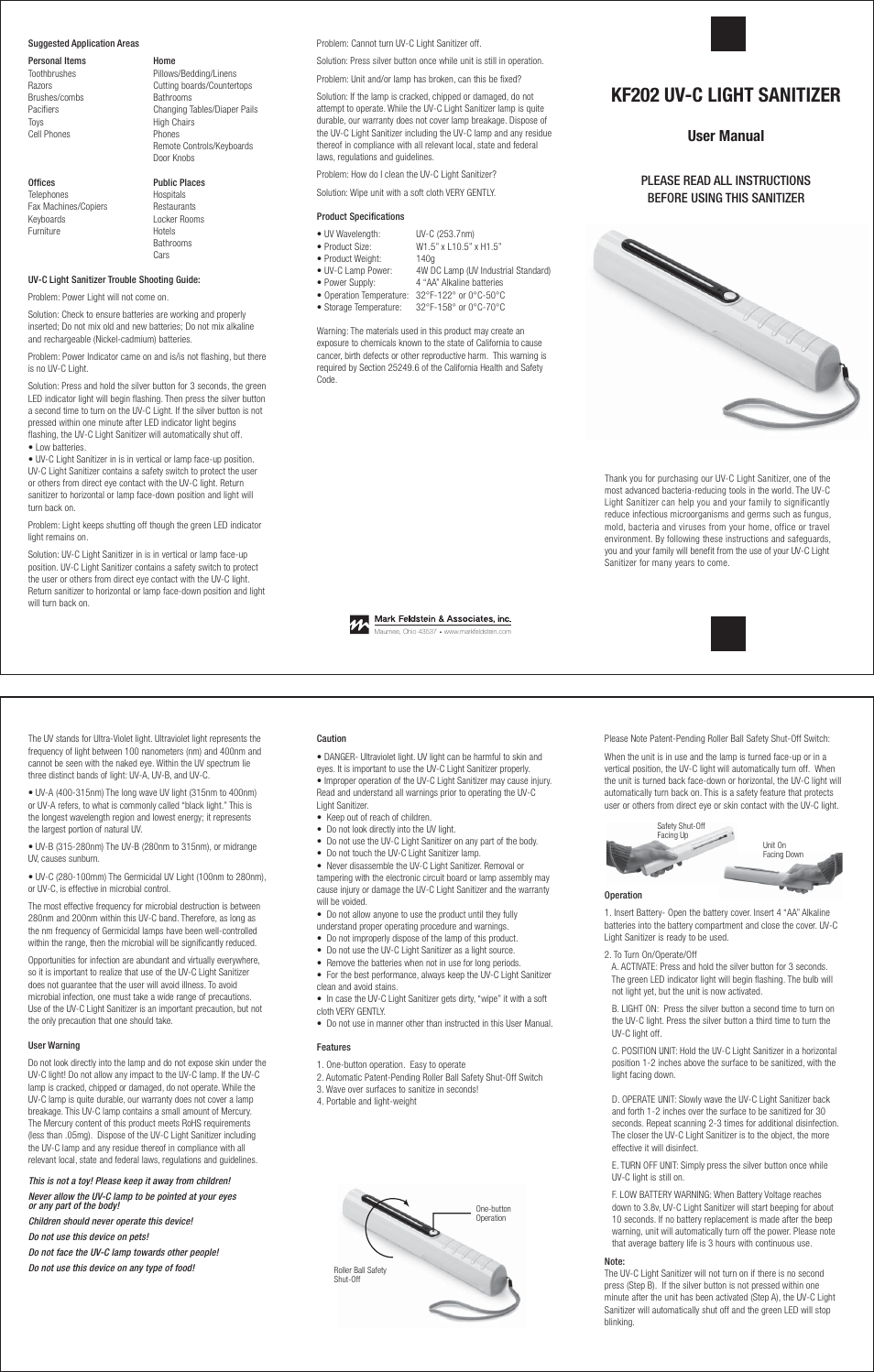 Mark Feldstein & Associates KF202 UV-C Sanitizer Wand User Manual | 1 page