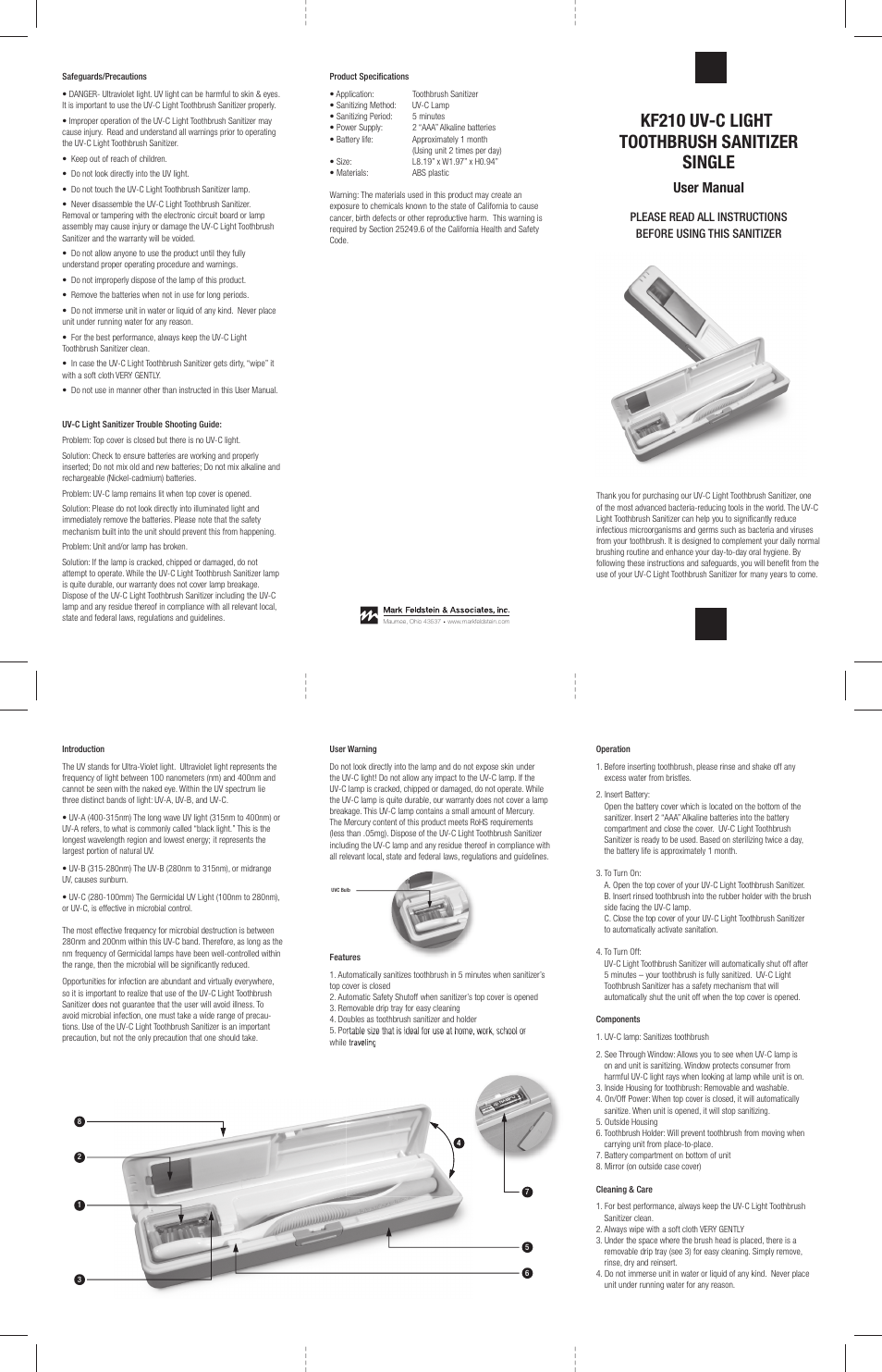 Mark Feldstein & Associates KF210 UV-C Toothbrush Single Travel User Manual | 1 page