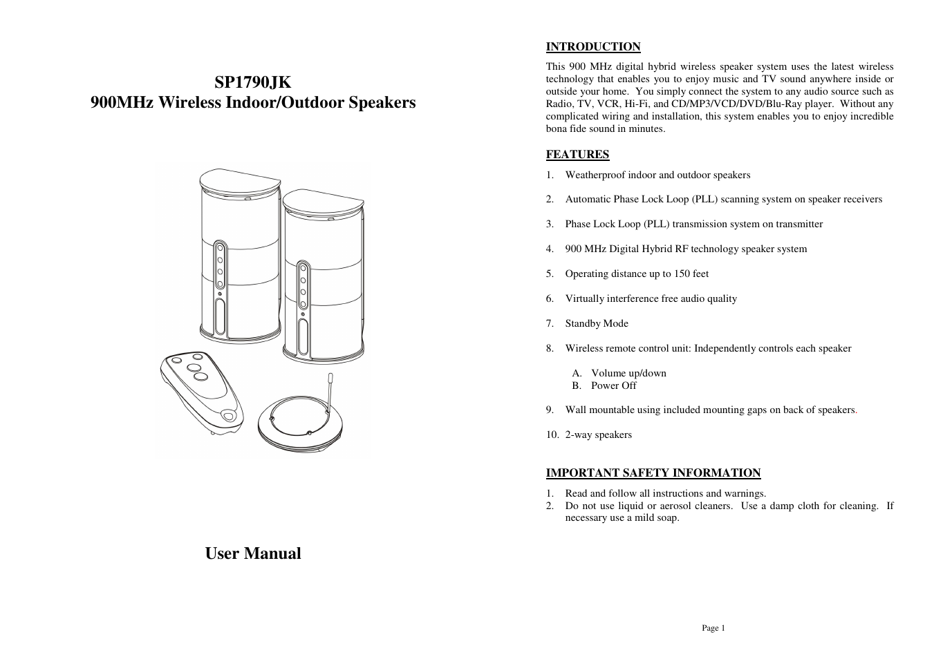 Mark Feldstein & Associates SP1790JK Wireless Indoor Outdoor Speakers with Remote User Manual | 6 pages