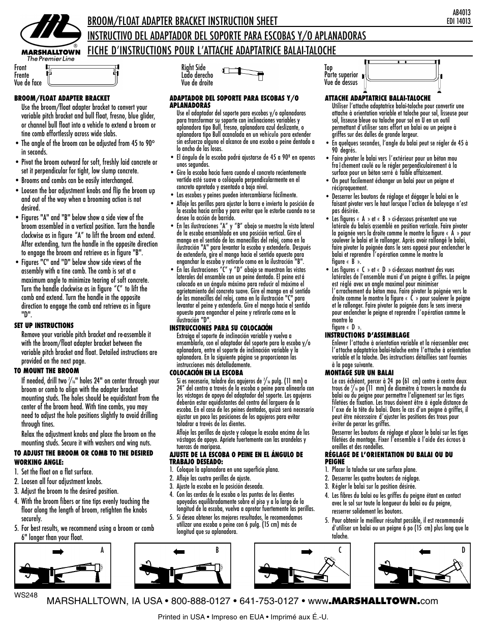 Marshalltown AB4013 Broom-Float Adapter Bracket User Manual | 2 pages