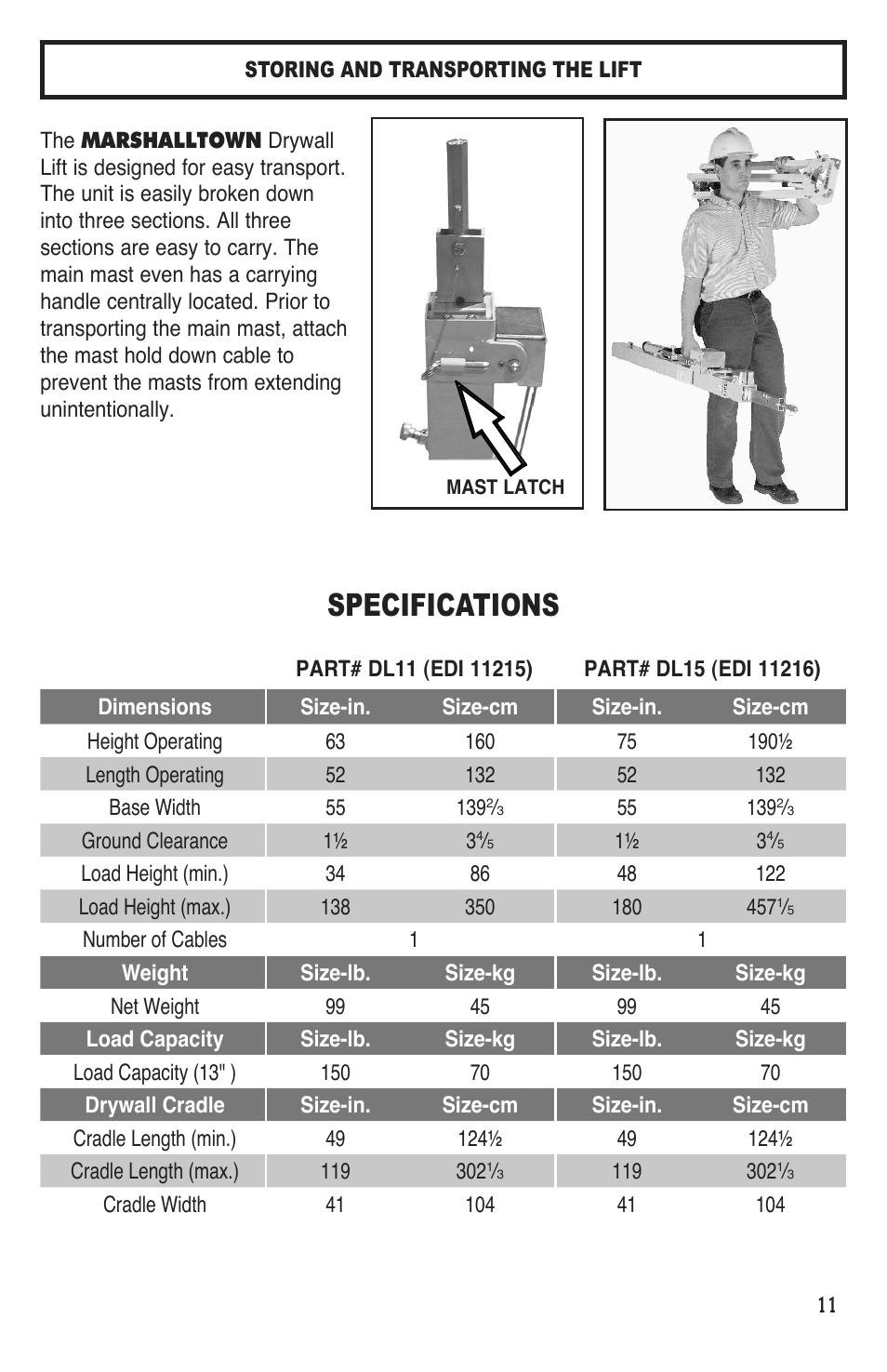 Specifications | Marshalltown DL11 Drywall Lift User Manual | Page 11 / 48