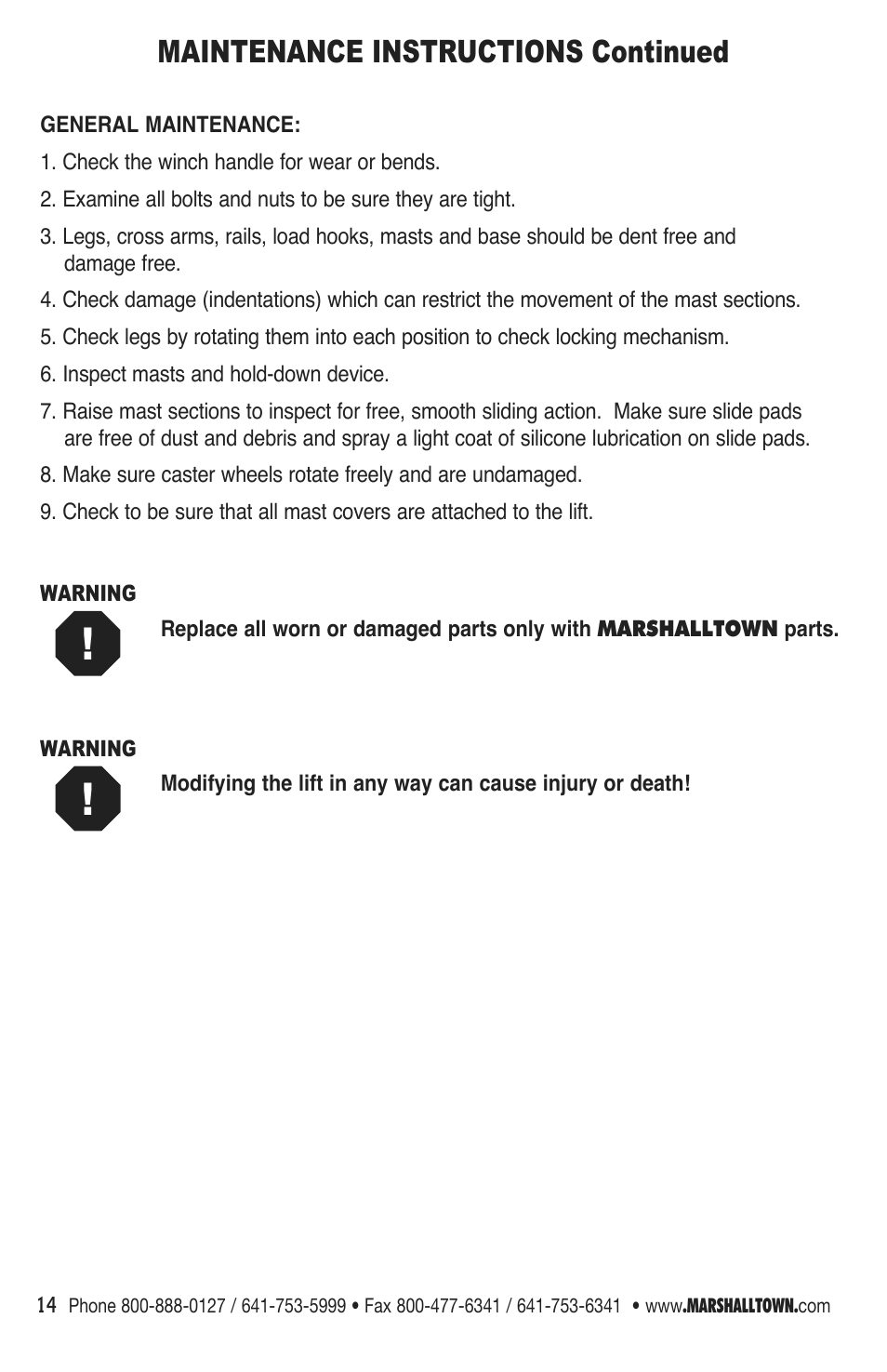 Maintenance instructions continued | Marshalltown DL11 Drywall Lift User Manual | Page 14 / 48