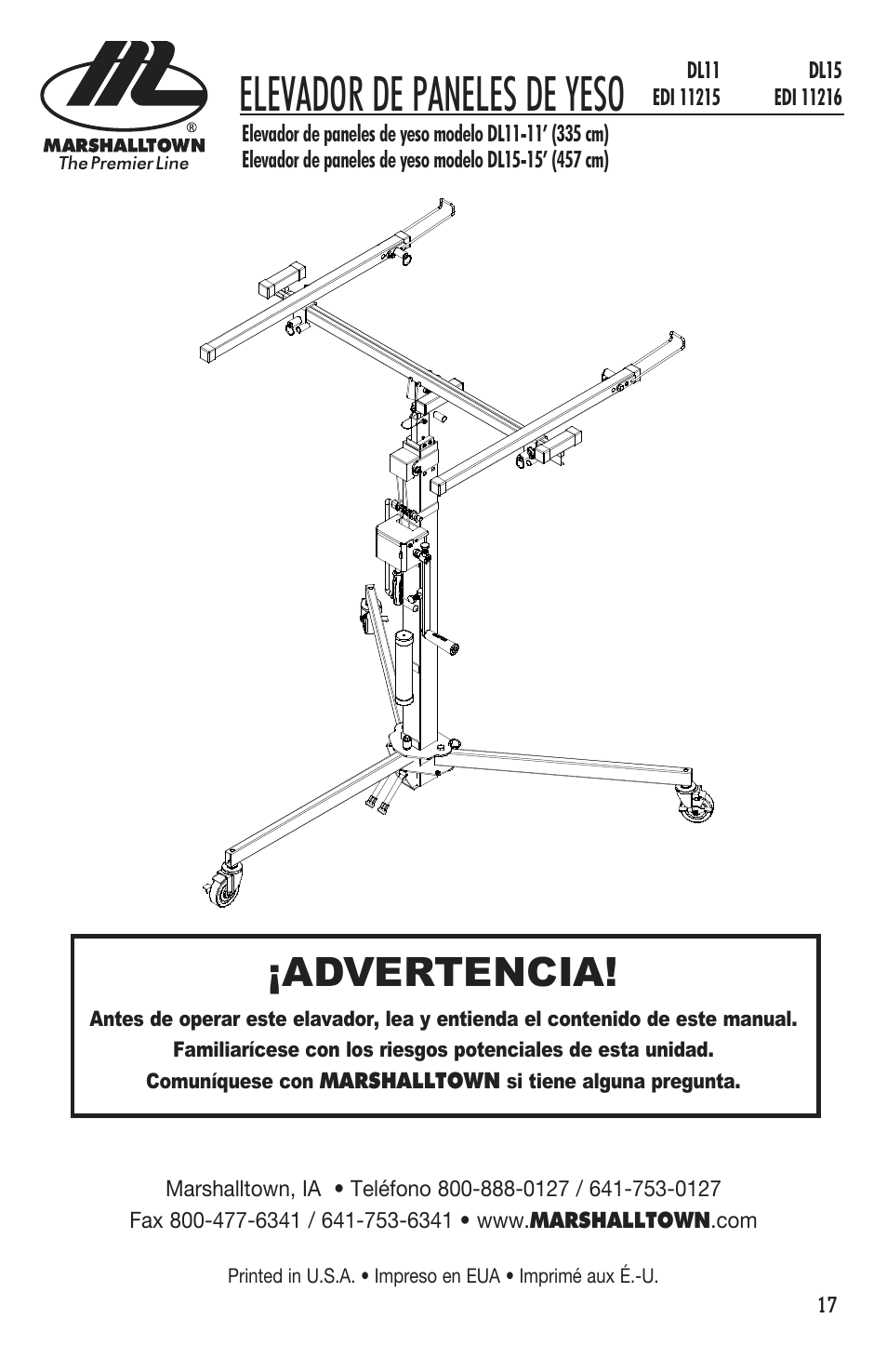 Elevador de paneles de yeso, Advertencia | Marshalltown DL11 Drywall Lift User Manual | Page 17 / 48