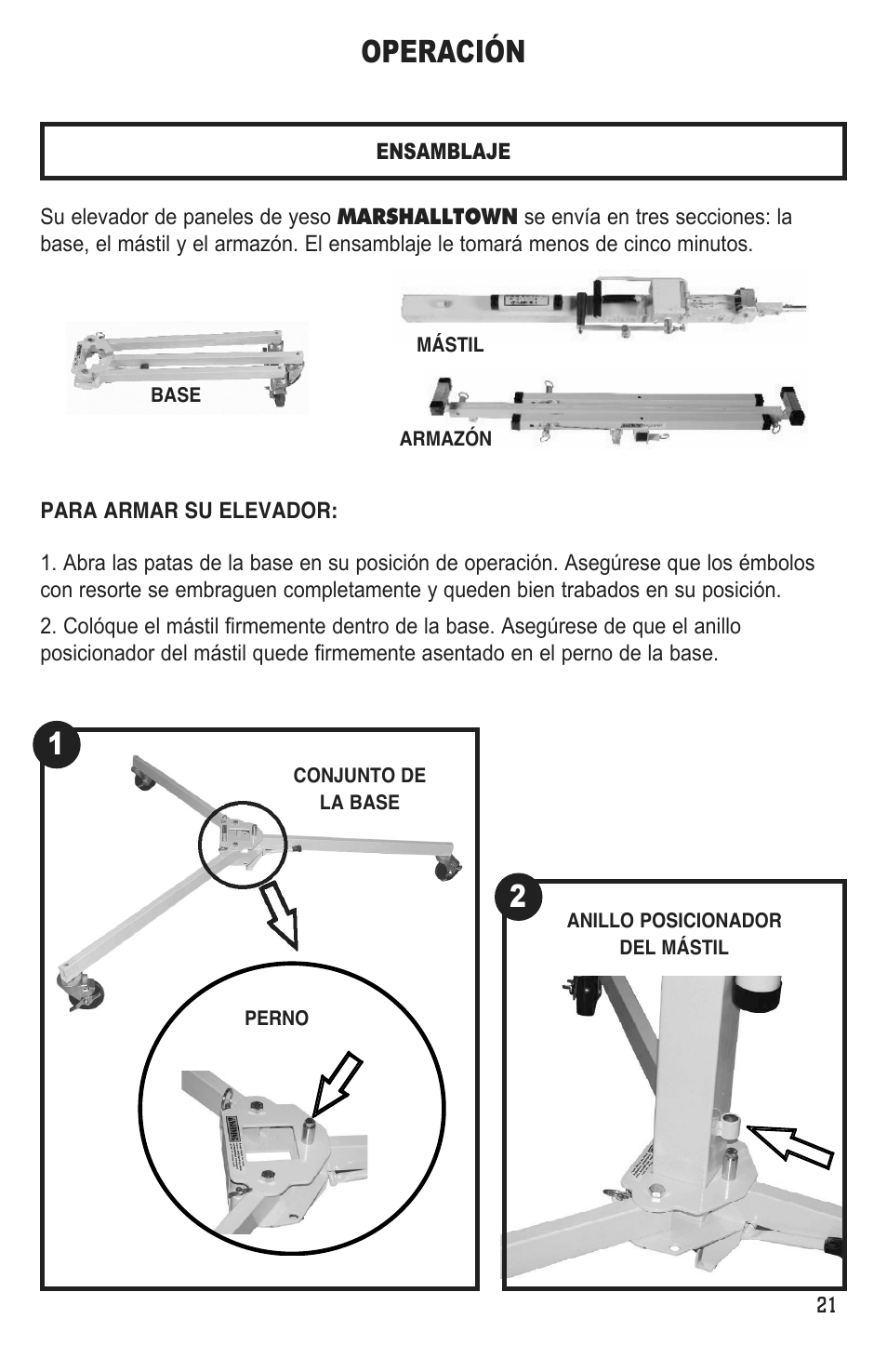 21 operación | Marshalltown DL11 Drywall Lift User Manual | Page 21 / 48