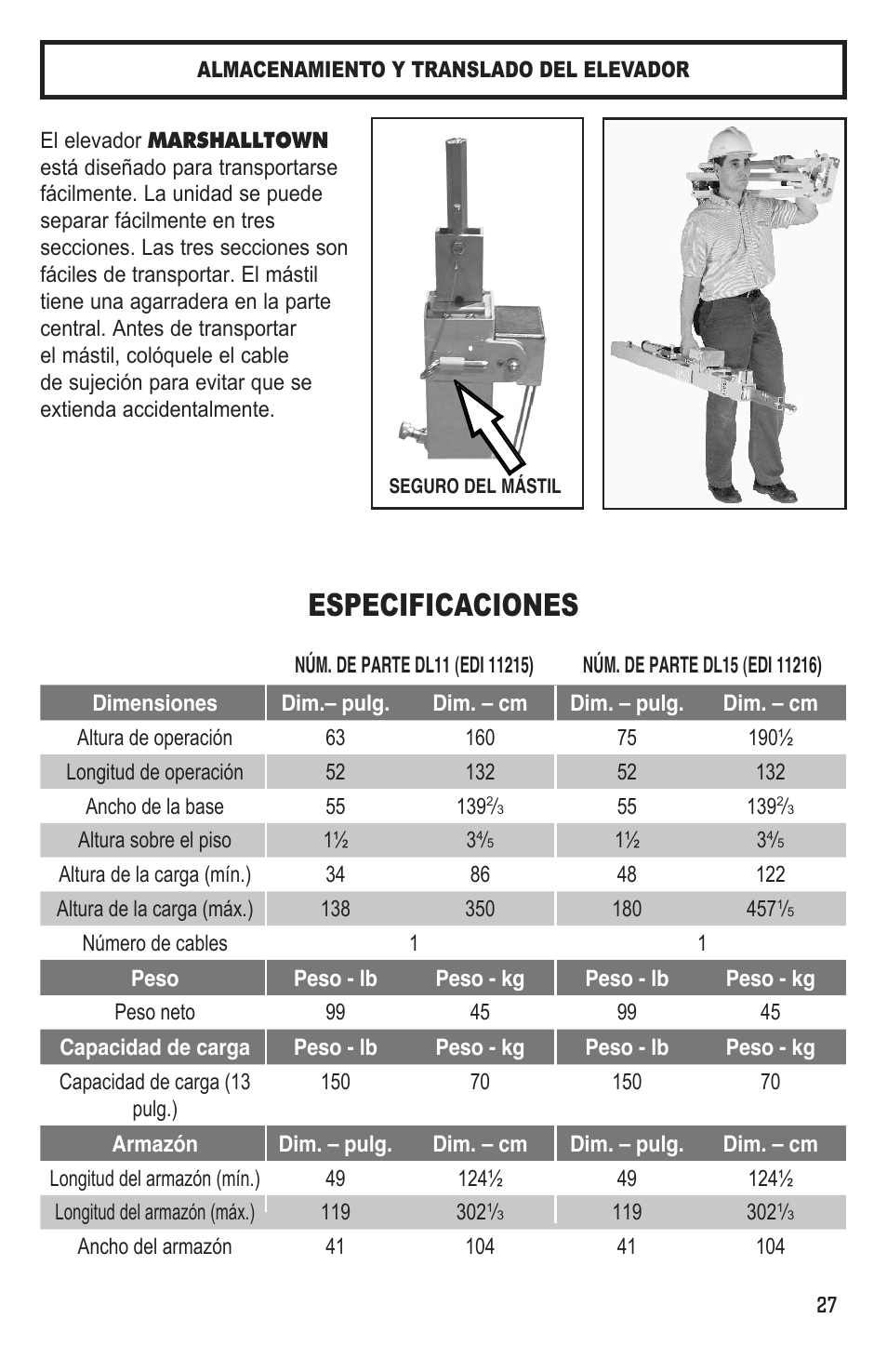 Especificaciones | Marshalltown DL11 Drywall Lift User Manual | Page 27 / 48