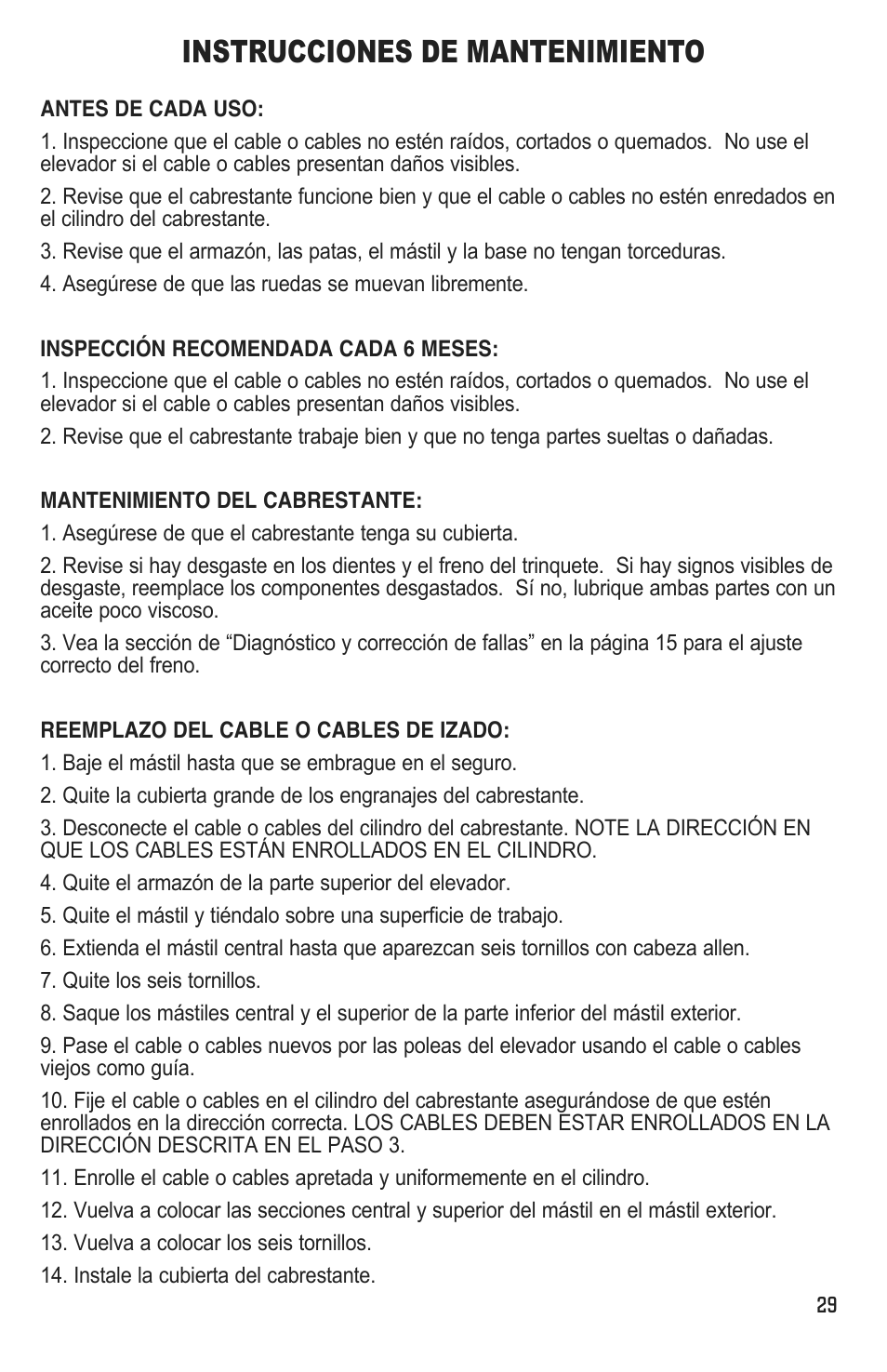 Instrucciones de mantenimiento | Marshalltown DL11 Drywall Lift User Manual | Page 29 / 48