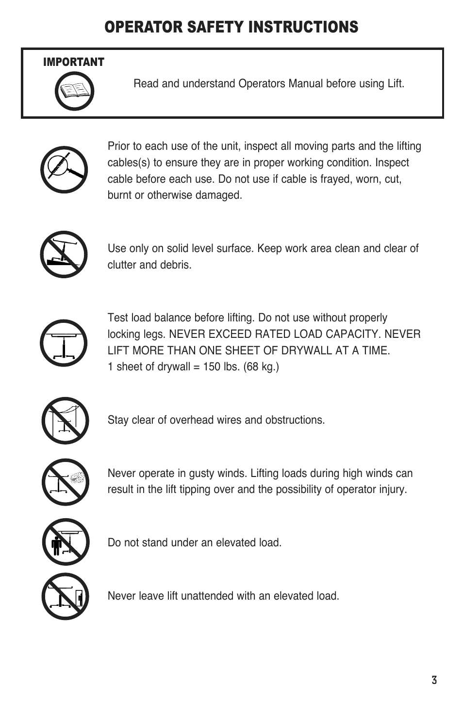 Operator safety instructions | Marshalltown DL11 Drywall Lift User Manual | Page 3 / 48