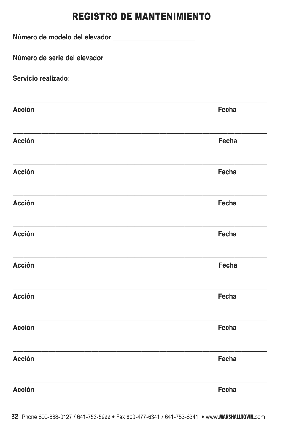 Registro de mantenimiento | Marshalltown DL11 Drywall Lift User Manual | Page 32 / 48