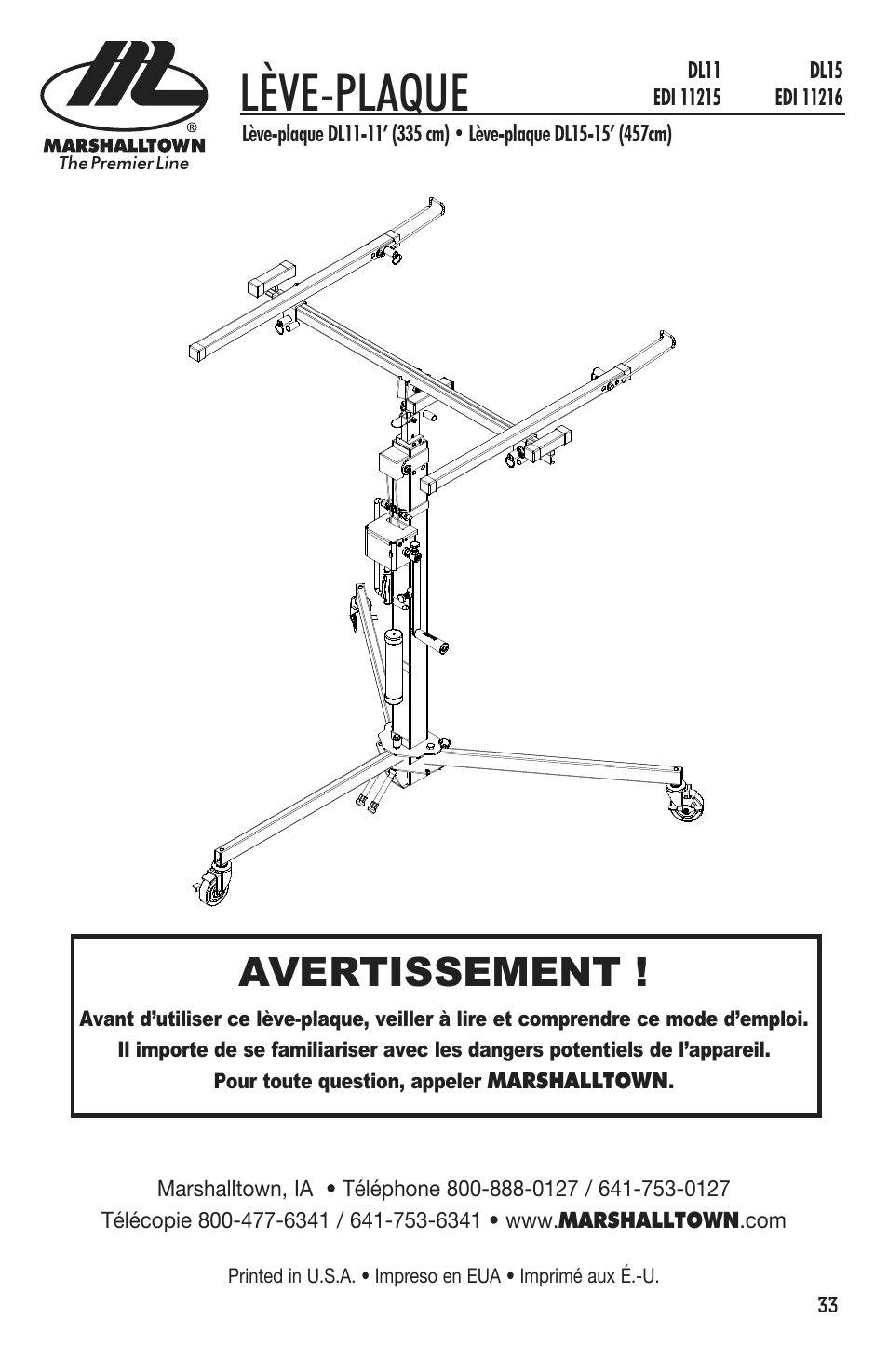 Lève-plaque, Avertissement | Marshalltown DL11 Drywall Lift User Manual | Page 33 / 48