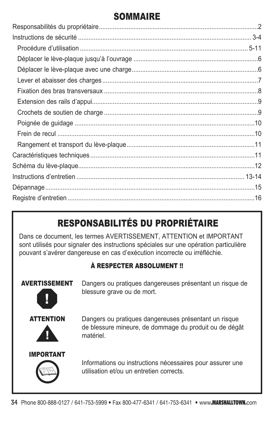 Sommaire responsabilités du propriétaire, Instructions de sécurité | Marshalltown DL11 Drywall Lift User Manual | Page 34 / 48