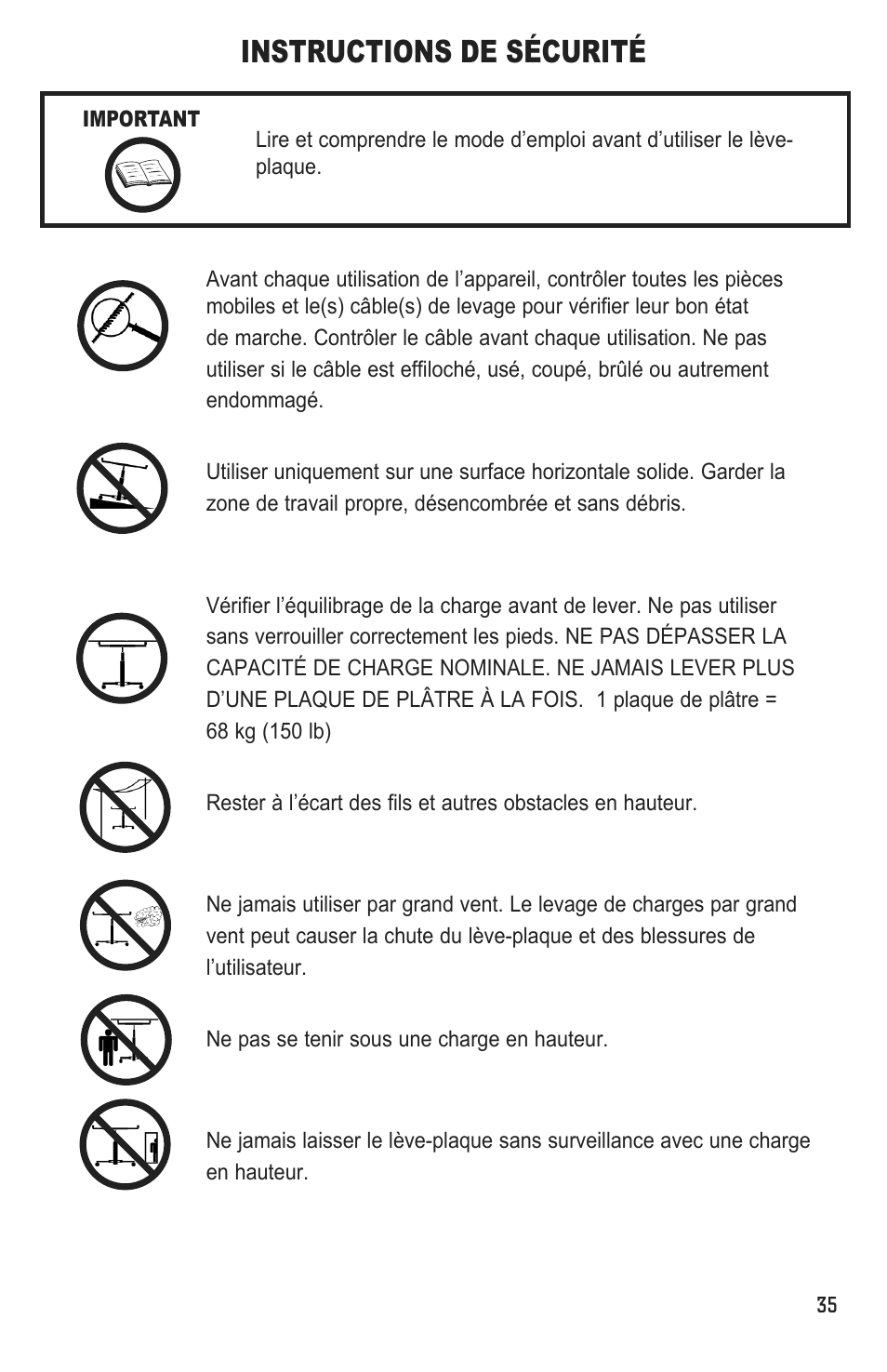 Sommaire responsabilités du propriétaire, Instructions de sécurité | Marshalltown DL11 Drywall Lift User Manual | Page 35 / 48