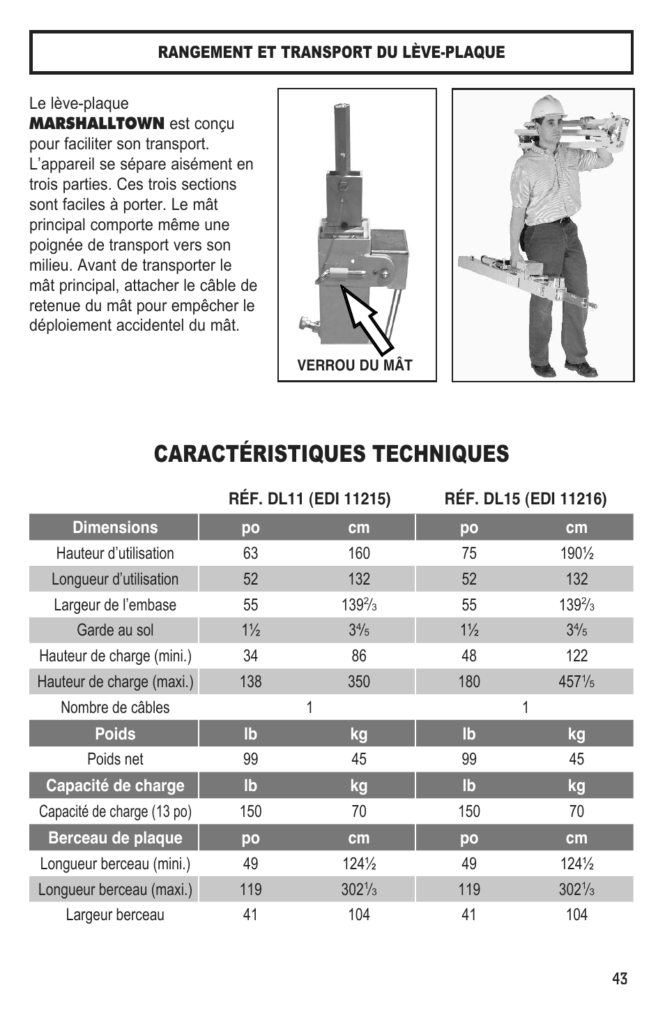 Caractéristiques techniques | Marshalltown DL11 Drywall Lift User Manual | Page 43 / 48