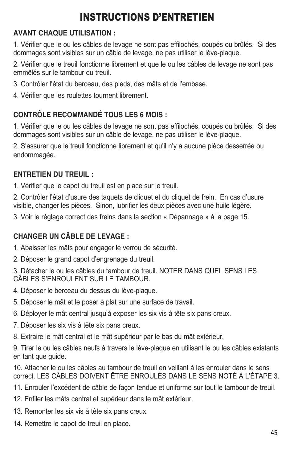 Instructions d’entretien | Marshalltown DL11 Drywall Lift User Manual | Page 45 / 48