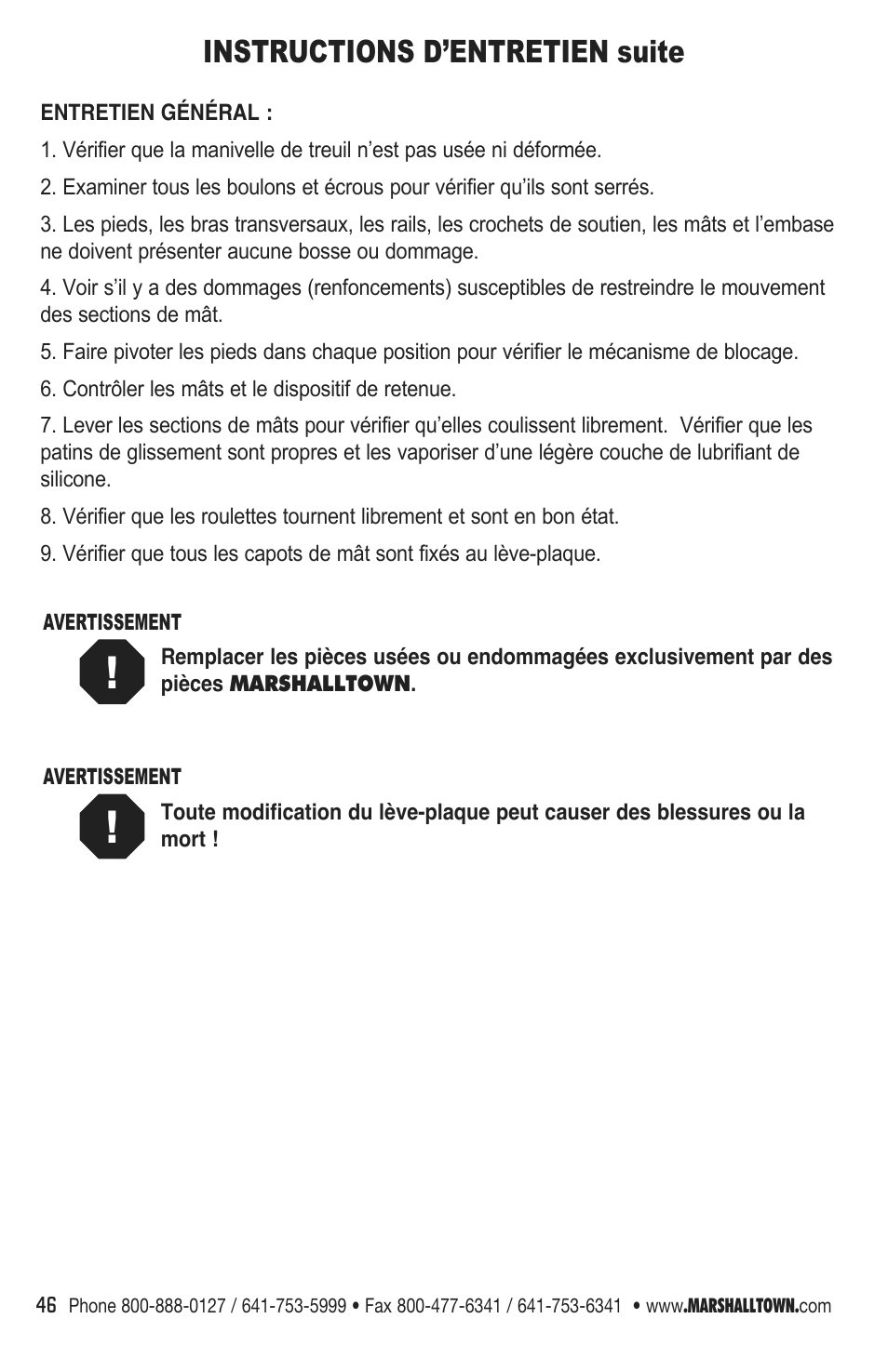 Instructions d’entretien suite, Dépannage | Marshalltown DL11 Drywall Lift User Manual | Page 46 / 48