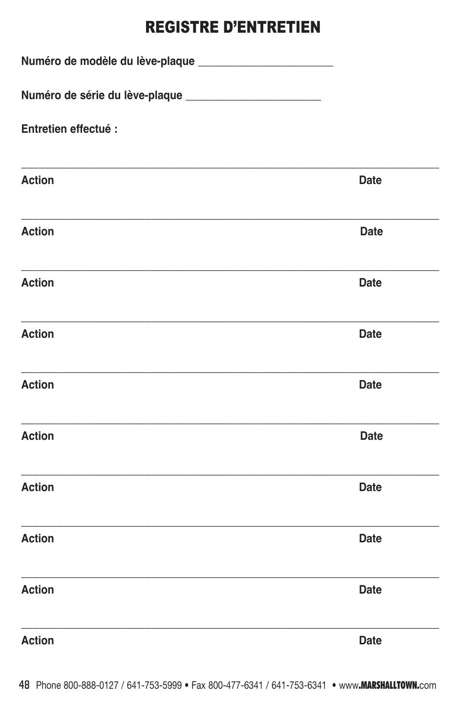 Registre d’entretien | Marshalltown DL11 Drywall Lift User Manual | Page 48 / 48