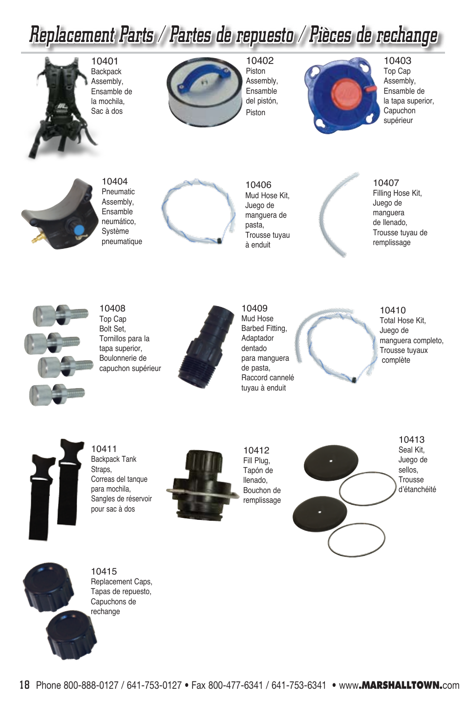 Piston assembly, ensamble del pistón, piston, Seal kit, juego de sellos, trousse d’étanchéité | Marshalltown EDI-10400 Enforcer User Manual | Page 18 / 20