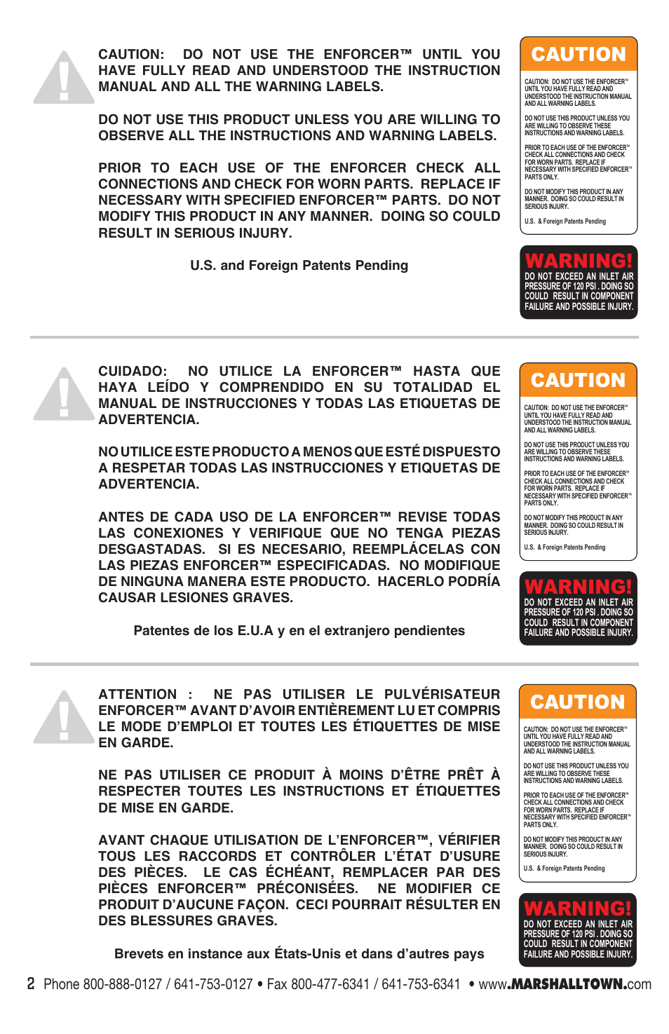 Warning, Caution | Marshalltown EDI-10400 Enforcer User Manual | Page 2 / 20