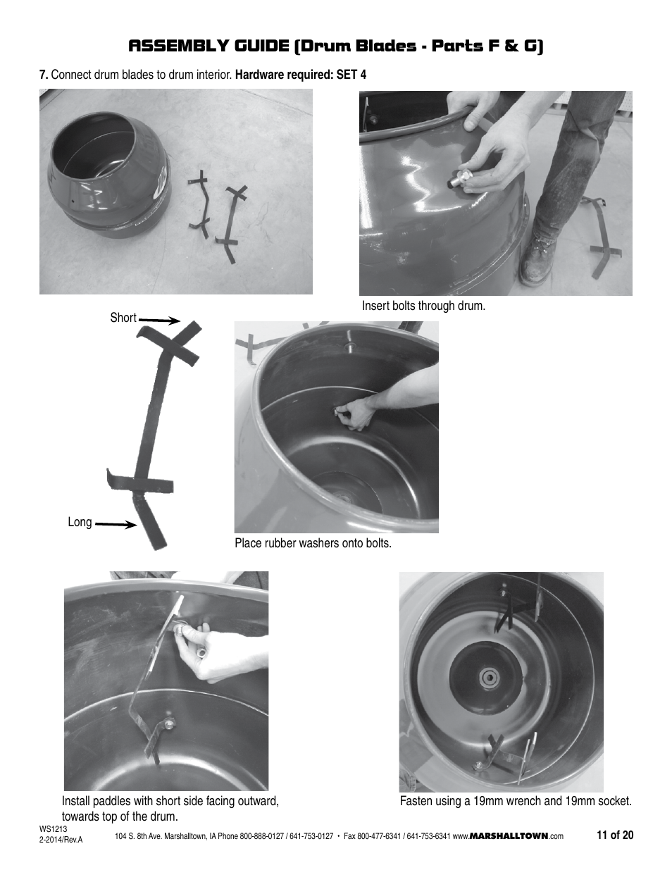 Assembly guide (drum blades - parts f & g) | Marshalltown MIX3, MIX3-UK Wheelbarrow Mixer User Manual | Page 11 / 20