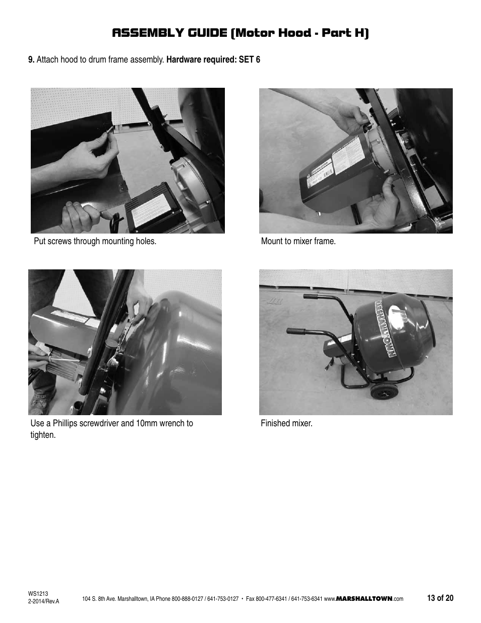 Assembly guide (motor hood - part h) | Marshalltown MIX3, MIX3-UK Wheelbarrow Mixer User Manual | Page 13 / 20