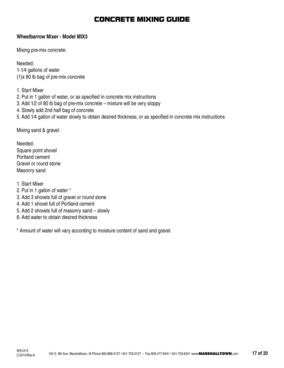 Concrete mixing guide | Marshalltown MIX3, MIX3-UK Wheelbarrow Mixer User Manual | Page 17 / 20