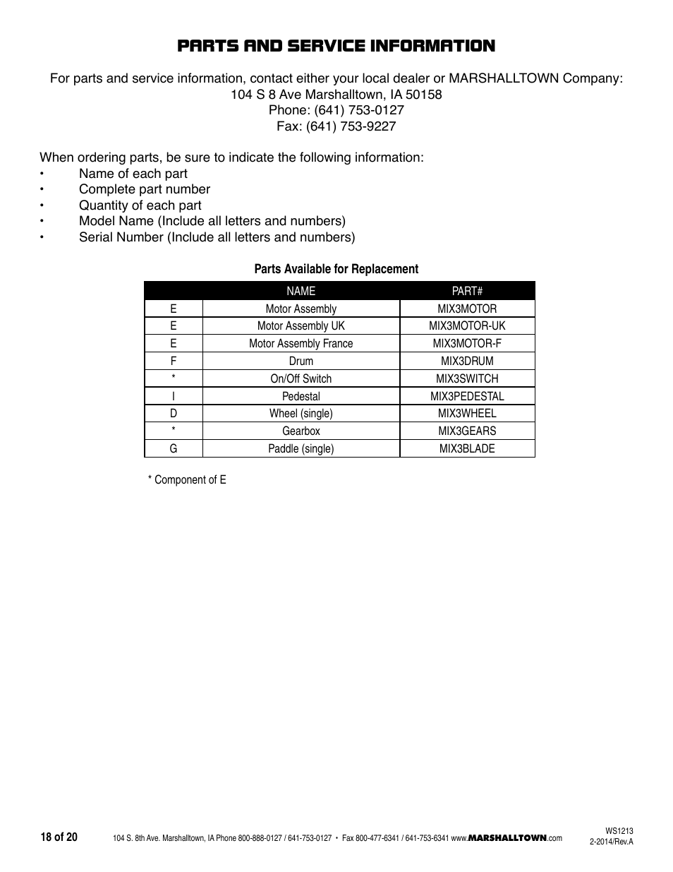 Parts and service information | Marshalltown MIX3, MIX3-UK Wheelbarrow Mixer User Manual | Page 18 / 20