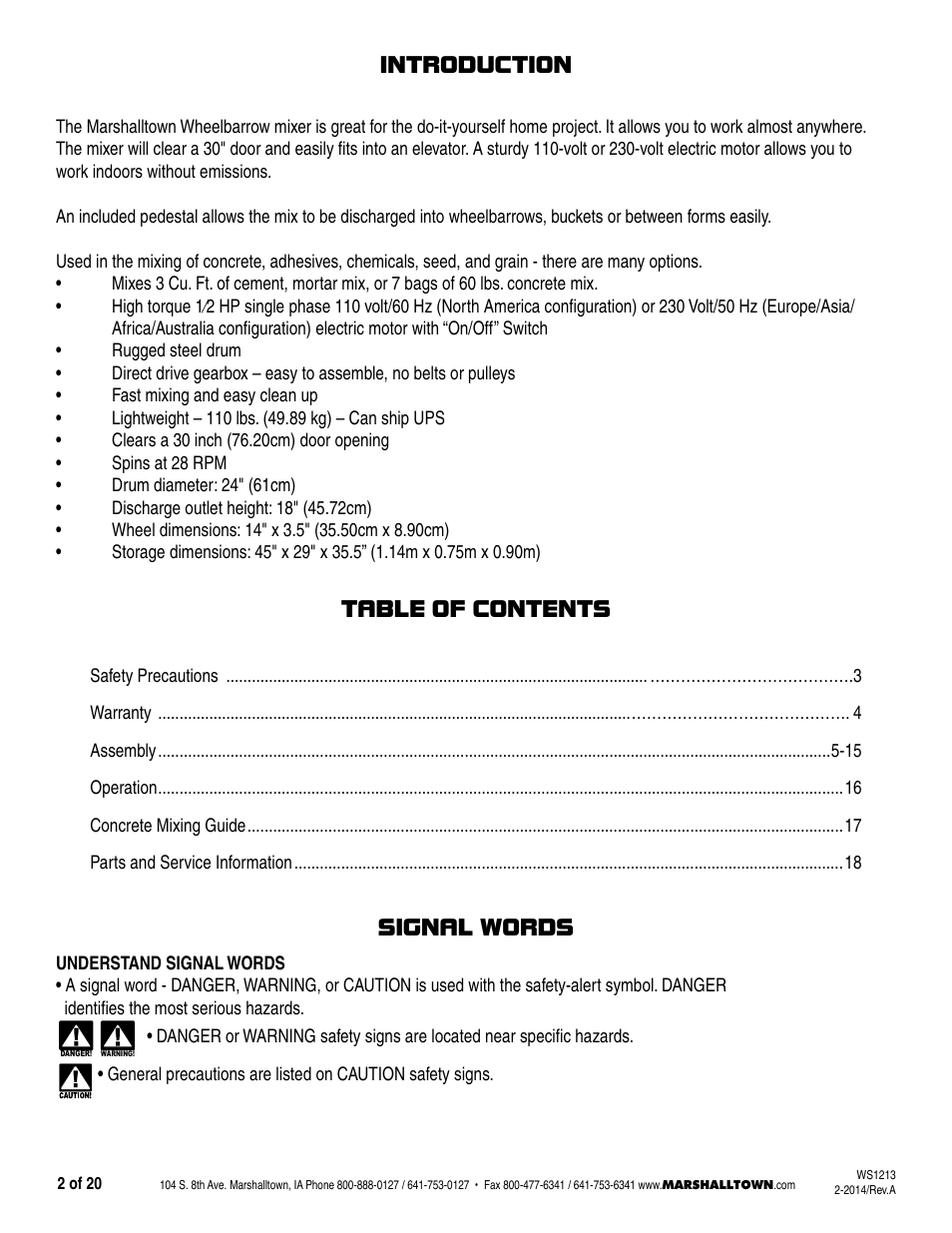 Introduction table of contents, Signal words | Marshalltown MIX3, MIX3-UK Wheelbarrow Mixer User Manual | Page 2 / 20