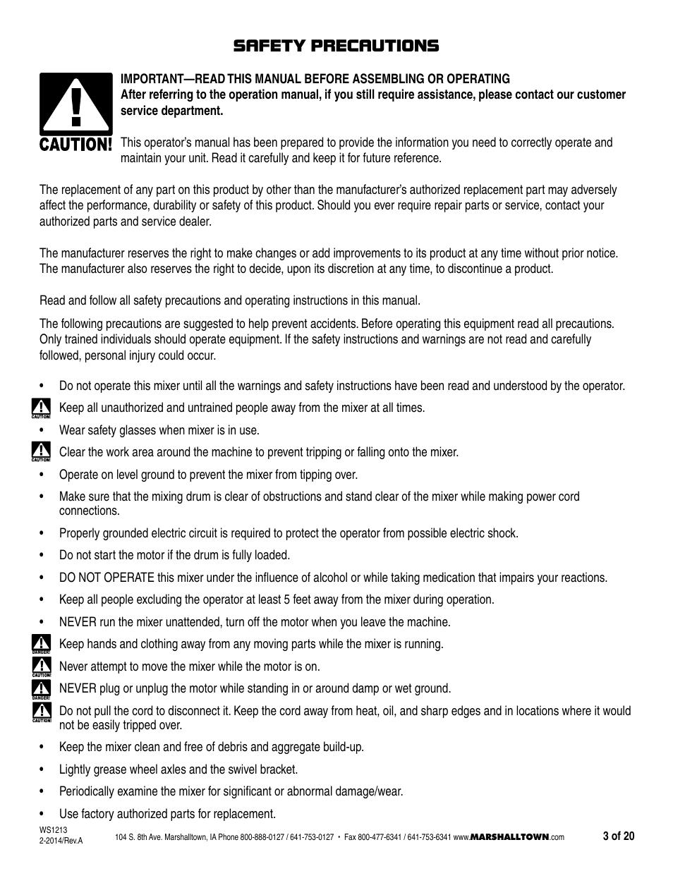 Safety precautions | Marshalltown MIX3, MIX3-UK Wheelbarrow Mixer User Manual | Page 3 / 20