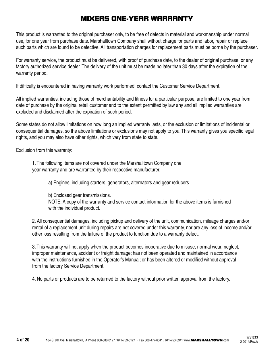 Mixers one-year warranty | Marshalltown MIX3, MIX3-UK Wheelbarrow Mixer User Manual | Page 4 / 20