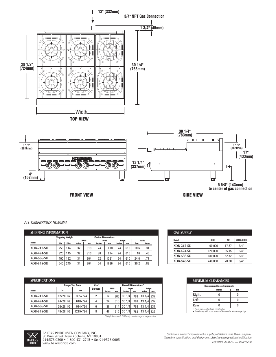 Width, Front view top view side view | Bakers Pride XOB-212-SU User Manual | Page 2 / 2