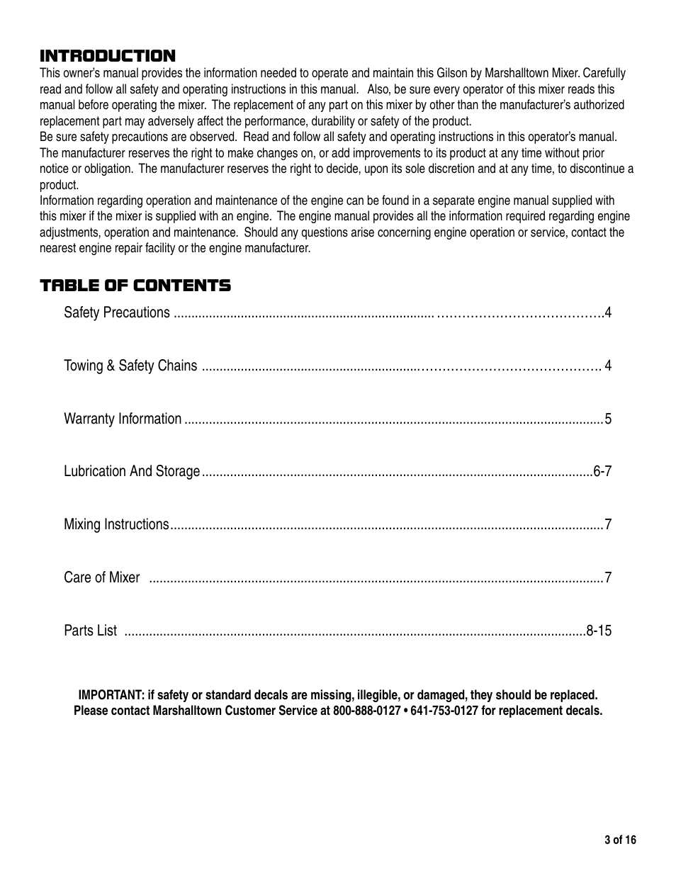 Marshalltown 600CM Mixer User Manual | Page 3 / 16