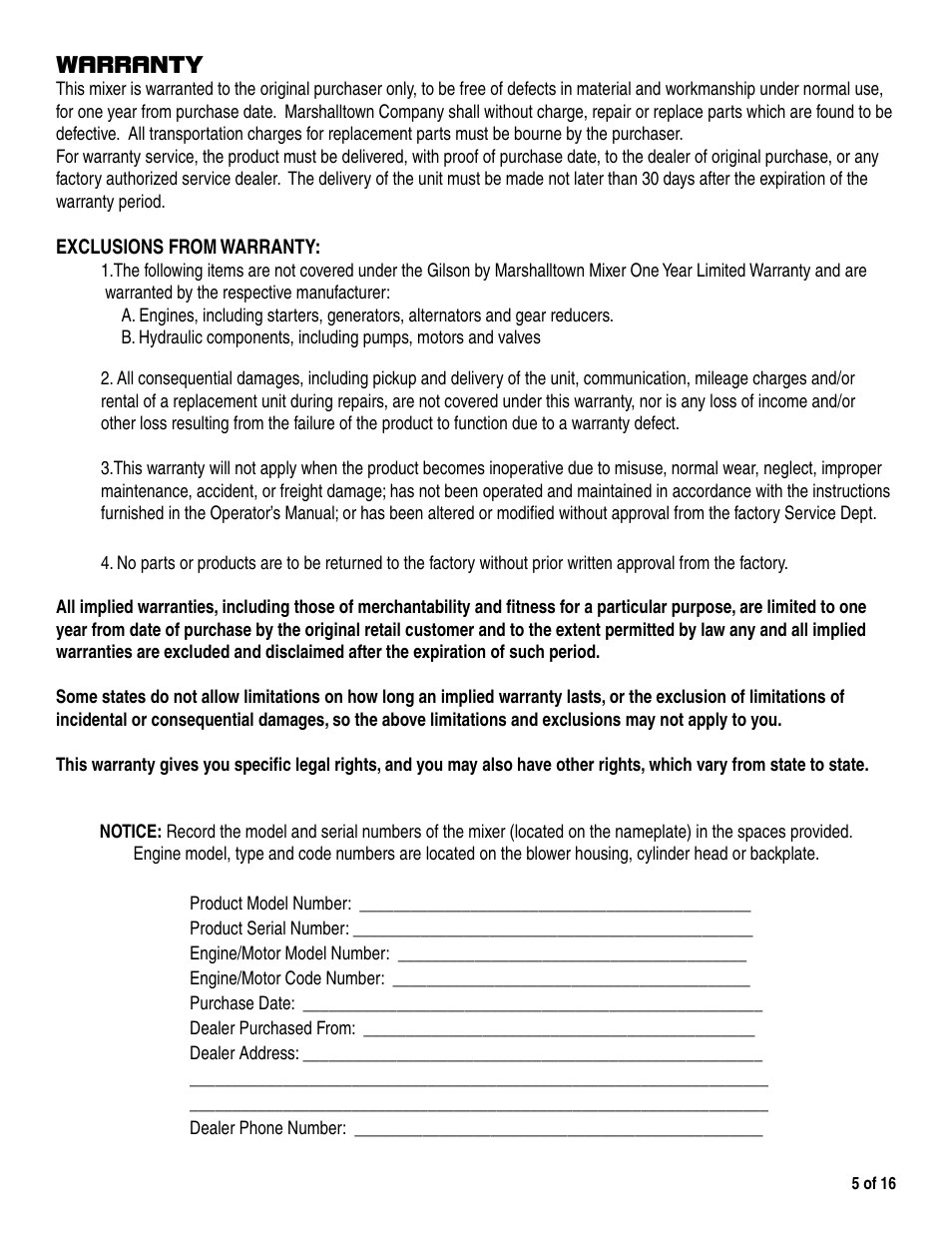 Warranty | Marshalltown 600CM Mixer User Manual | Page 5 / 16
