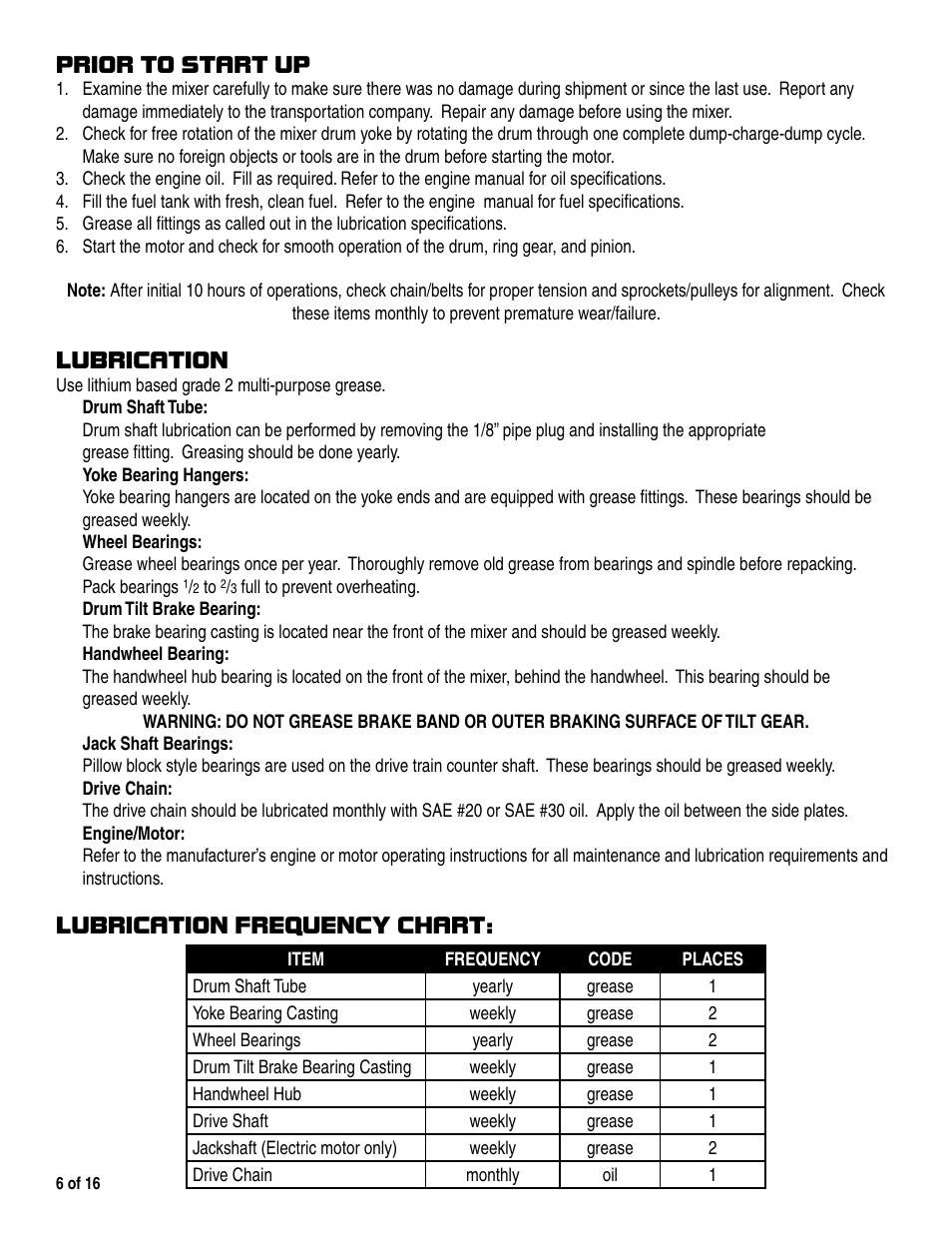 Prior to start up, Lubrication, Lubrication frequency chart | Marshalltown 600CM Mixer User Manual | Page 6 / 16