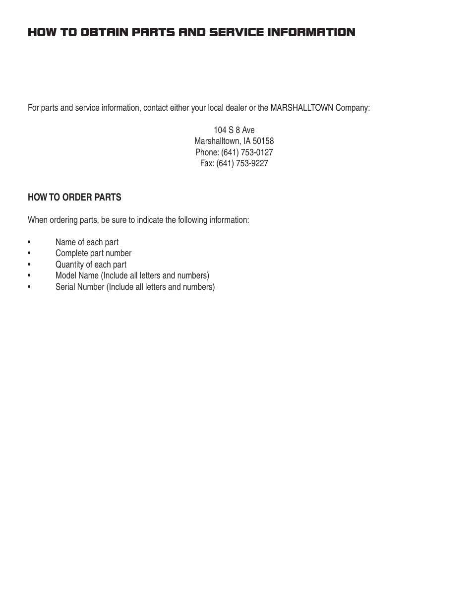 How to obtain parts and service information | Marshalltown 59000D Wheelbarrow Mixer User Manual | Page 14 / 16