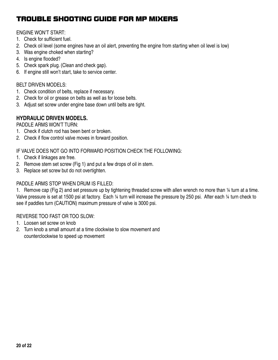 Trouble shooting guide for mp mixers | Marshalltown 1200MP Mixer User Manual | Page 20 / 22