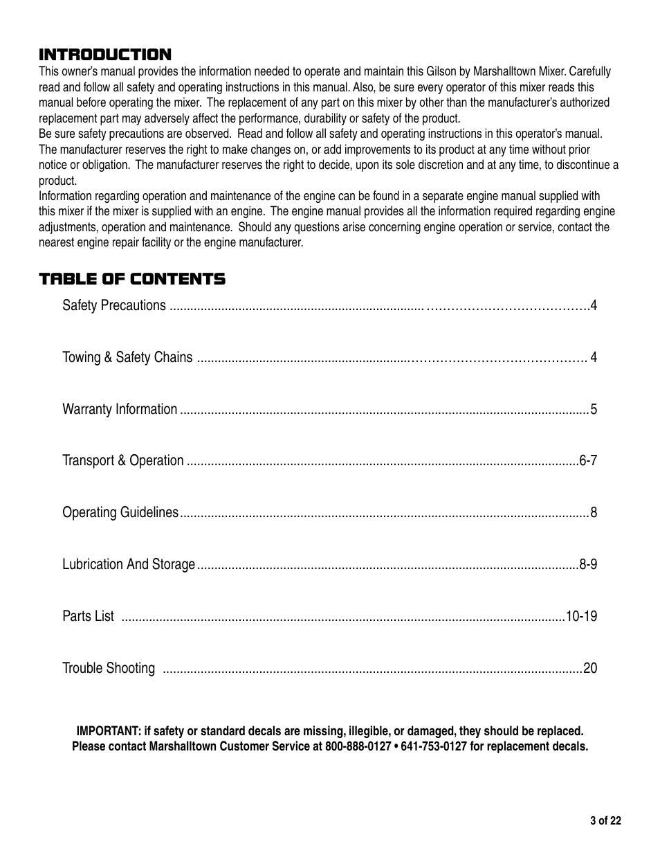 Marshalltown 1200MP Mixer User Manual | Page 3 / 22