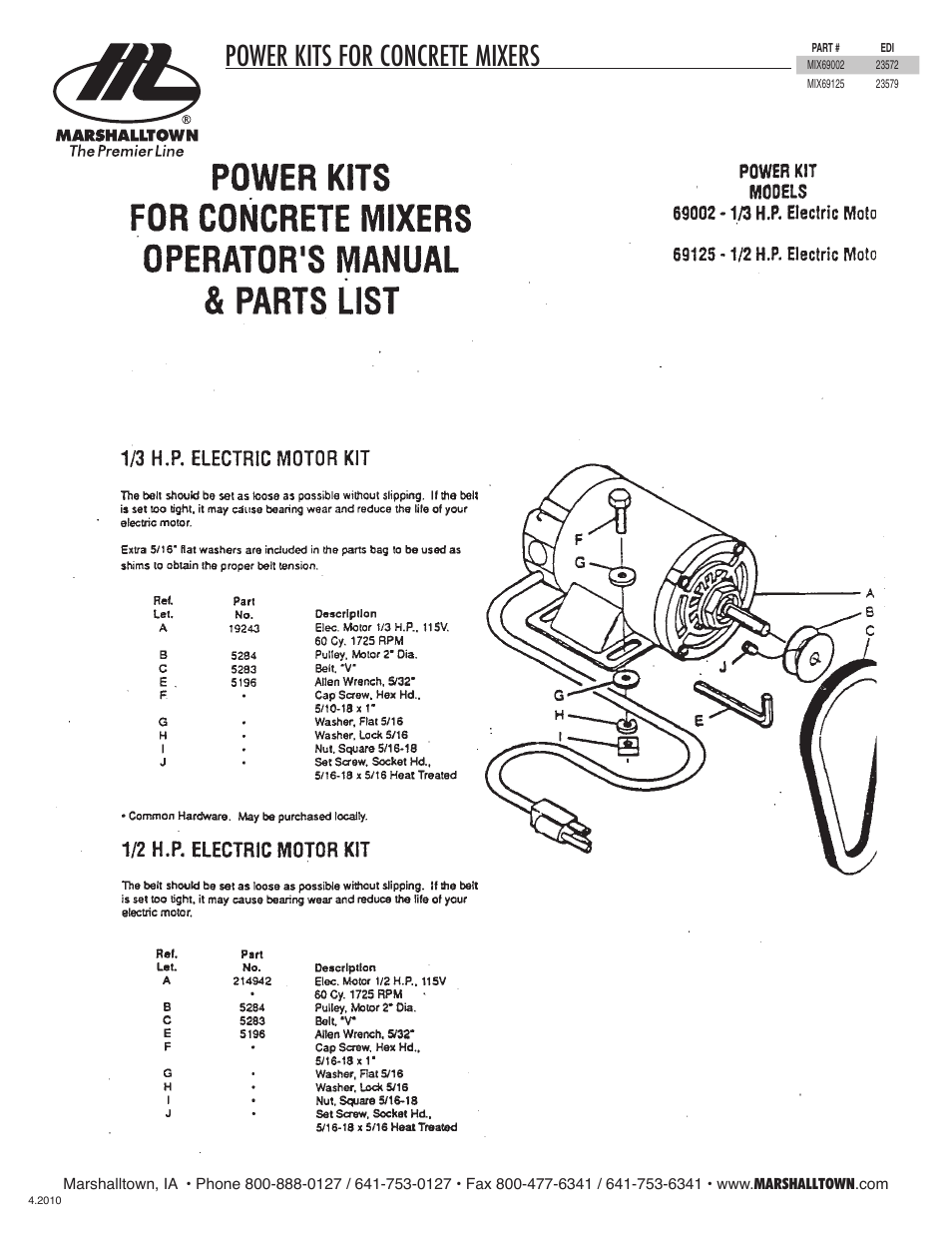 Marshalltown MIX69125 Electric Motor Kits User Manual | 1 page