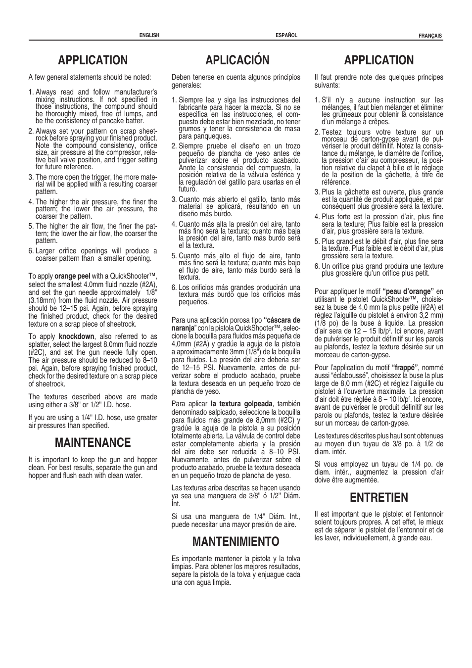 Application, Maintenance, Aplicación | Mantenimiento, Entretien | Marshalltown HG577 QuickShooter User Manual | Page 2 / 2