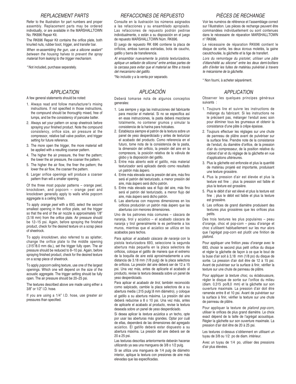 Application, Replacement parts, Refacciones de repuesto | Pièces de rechange, Aplicación | Marshalltown 693 SharpShooter I User Manual | Page 4 / 4